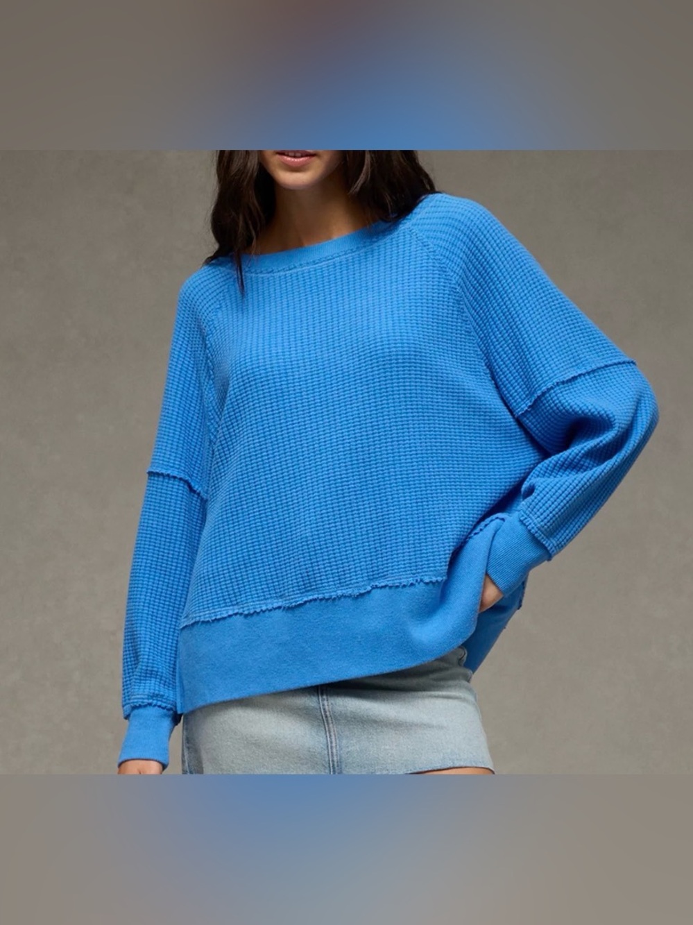 American Eagle Outfitters Blue Waffle-Knit 'Big Hug' Crewneck